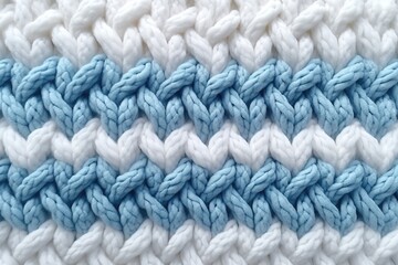 Macro photography of the texture of a knitted pattern in close-up, white and blue colors