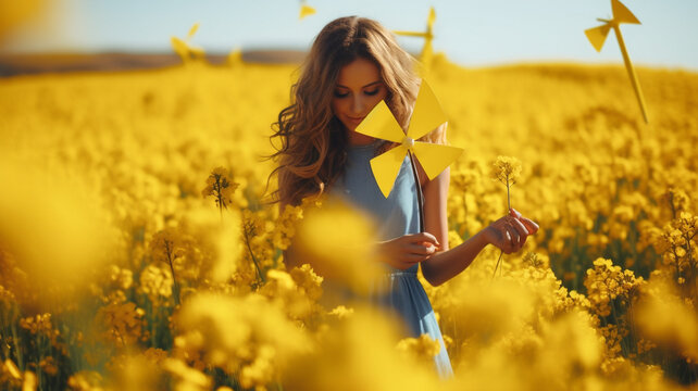 Woman holding colorful pinwheel in yellow flowers field