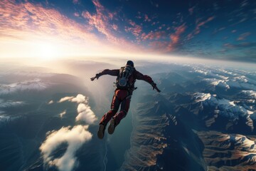 A man hovers in the air in free fall before opening a parachute - obrazy, fototapety, plakaty
