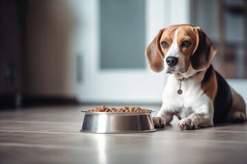 The beagle dog is lying in the kitchen near a bowl of food - obrazy, fototapety, plakaty