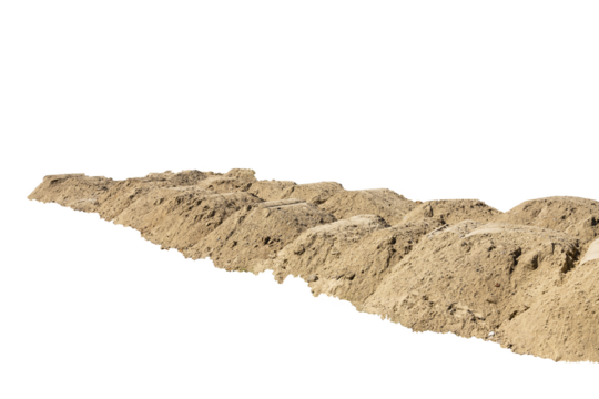 Construction site with heaps of sand. Pile of sand on an isolated white background. Transparent background. PNG. copy space.