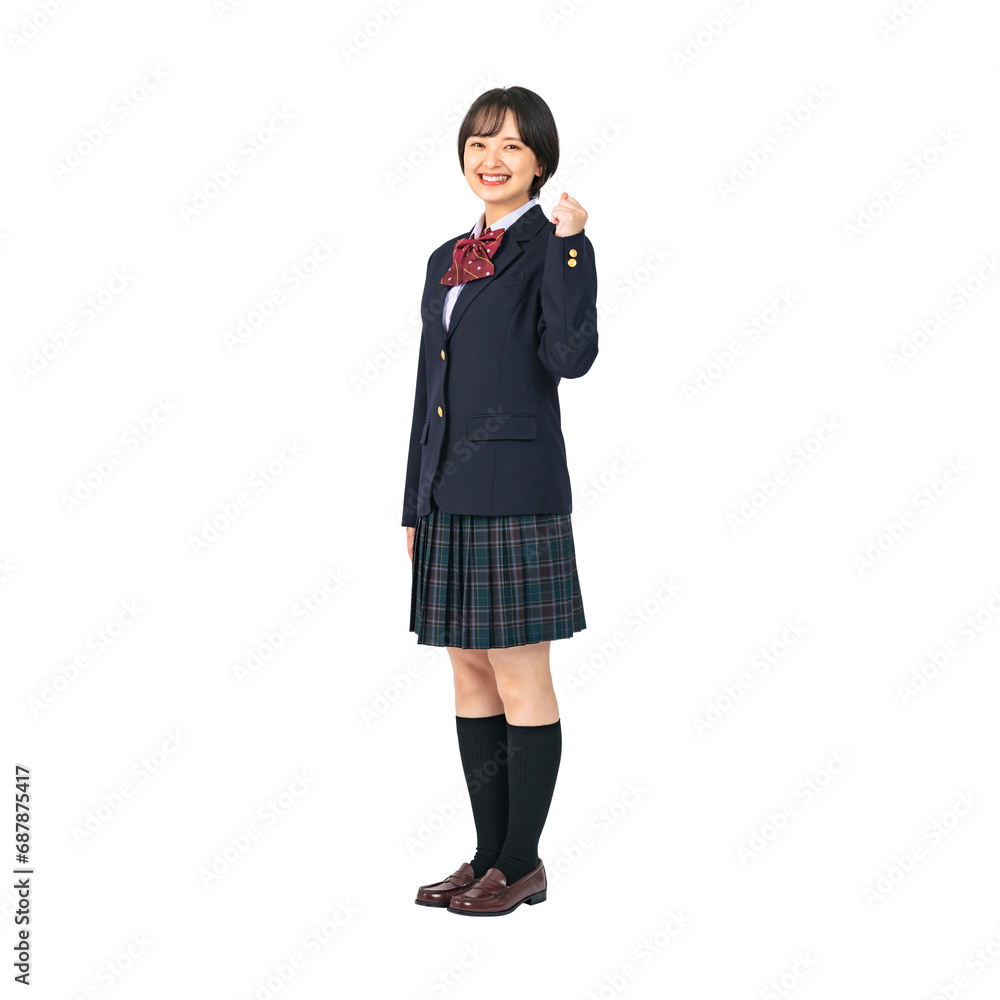 Aufkleber ガッツポーズする制服を着た女子学生　切り抜き全身写真