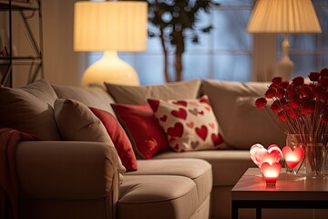 Romantic living room interior, stylish furniture, comfortable sofa and a warm, cozy atmosphere for Valentine's Day.