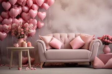 Elegant and joyful decoration of the room - pink balloons, festive furniture and a bright holiday atmosphere.
