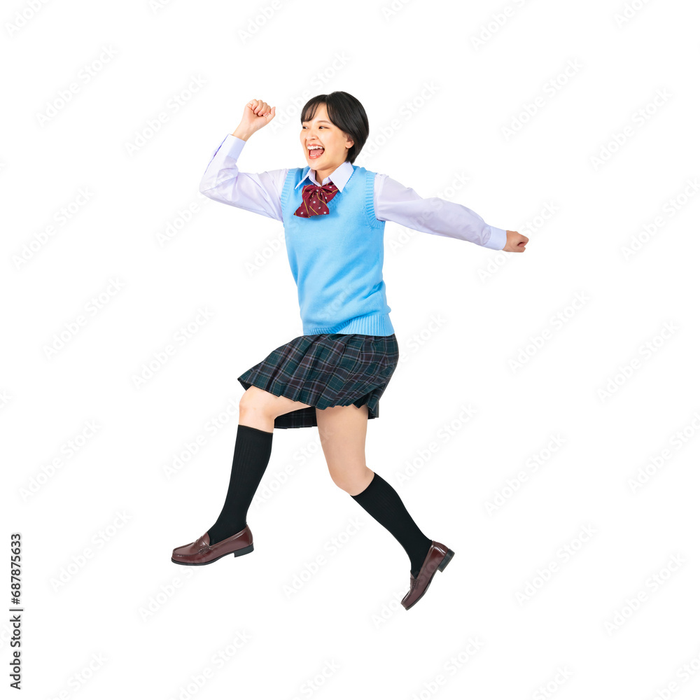 Poster ジャンプする制服を着た女子学生　切り抜き全身写真