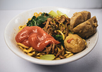 chicken noodle meatball or mie ayam bakso. one of the most popular noodle dishes in Indonesia