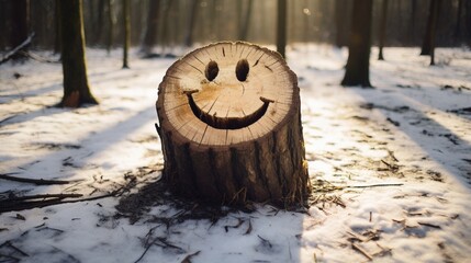 Smiley face emoji drawn on snow covered tree stump - Powered by Adobe
