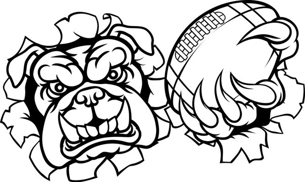 A bulldog dog animal sports mascot holding American football ball breaking through the background with its claws