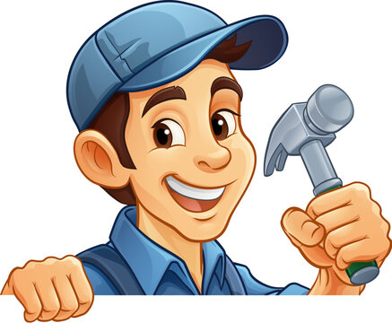 A handyman or carpenter cartoon construction man mascot character holding a hammer tool