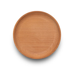 Round beech wood empty plate. Wooden plate background.