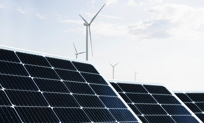 Solar panels and wind turbines. Sustainable energy.