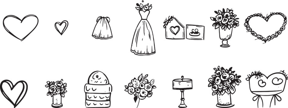 Set of wedding icons, accessories and illustrations on white background.