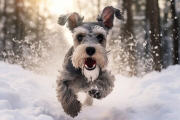 Dog Miniature Schnauzer runs through the snow in the forest in winte