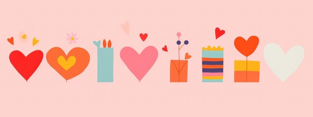 concept for valentine's day, mother's day, march 8. on a pink background, multi-colored paper cut out figures of hearts, circles and flowers with space for text