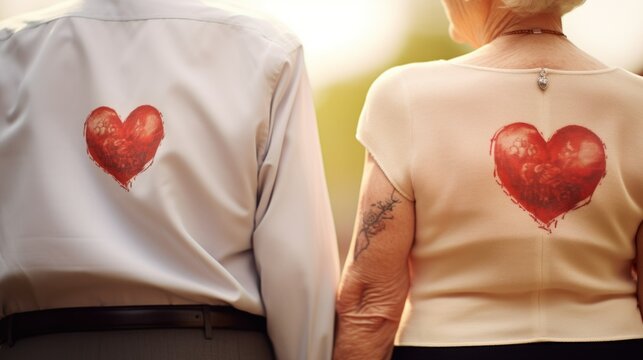 an elderly couple in love celebrates Valentine's Day, an image of a heart on clothes back. concept holidays, love, elderly people, happy old age