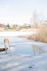 photography, atmosphere, chair, weather, ice, season, winter, lake, outdoors, nature, snow