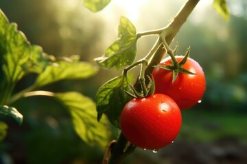 Ripe red tomato on a branch in the greenhouse