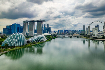 Aerial view of the parks, gardens and modern buildings at the Marina Bay area of the city of...