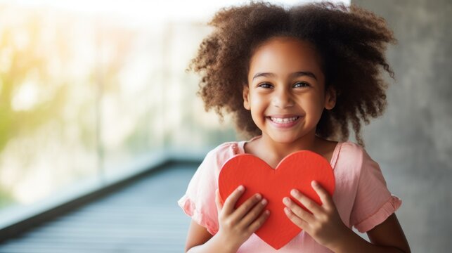 concept for valentine's day, mother's day, march 8. multiethnic african american girl nine years old happy looking at the camera preparing a gift for her mother drawing a heart out of paper
