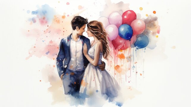 Couple in love with colored balloons, watercolor, on a white background.
