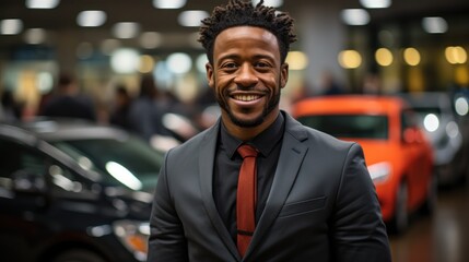 Portrait of happy black man standing in car showroom - obrazy, fototapety, plakaty