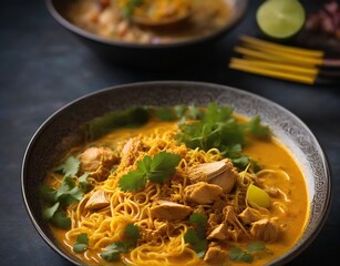 Thai Style Curried Noodle Soup with Chicken or what we call in thai "Khao Soi". 