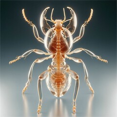 A ant with a transparent body in which you can see internal organs and bones in detail. AI generated.