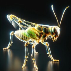 A grasshopper with a transparent body in which you can see internal organs and bones in detail. AI generated.