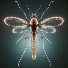 A mosquito with a transparent body in which you can see internal organs and bones in detail. AI generated.