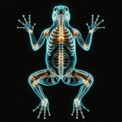 A frog with a transparent body in which you can see internal organs and bones in detail. AI generated.