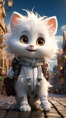 3D cute white cat in the street