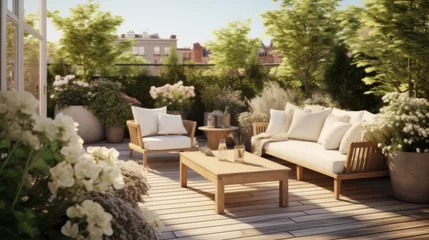 Papier Peint photo Jardin Beautiful wooden terrace with garden furniture surrounded by greenery