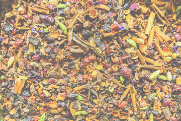 Herbal organic tee sold at Egypt Bazaar (Misir Carsisi) in Istanbul, Turkey (Turkiye). Dried herbs and fruits mis. Selected focus, copy space, nature background or wallpaper © Elena