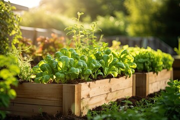 Healthy organic vegetable garden in a raised bed, flourishing with vibrant lettuce, cabbage, and more.