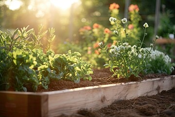 Vibrant organic vegetable garden in a raised bed, flourishing with fresh, homegrown produce. - obrazy, fototapety, plakaty