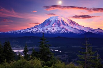 Majestic sunrise over Mount Hood, Oregon, with snow-capped peaks, a serene lake, and lush forest.