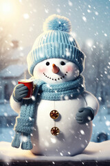 happy smiling snowman with hat and scarf in the winter snow holding a cup of coffee