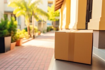 Sunny delivery scene with a lone parcel, symbolizing efficient service, without anyone in sight.