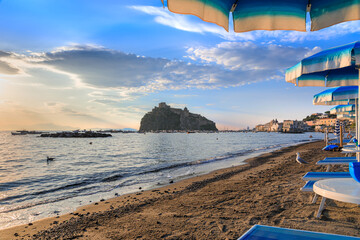 Iconic view of Ischia in Italy. Fishermen's Beach in Ischia Ponte.