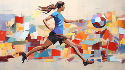 Dynamic paper art collage of a female football player in action, showcasing athleticism and empowerment. Concept of women in sports, portraying strength, determination, beauty of the game - obrazy, fototapety, plakaty