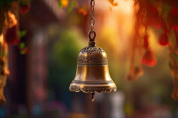 a golden bell is hanging with blurred background
