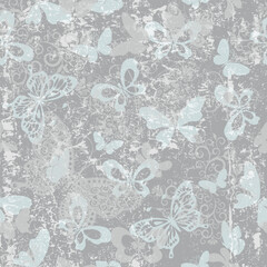 Vector gray grunge seamlrss pattern with doodle butterflies