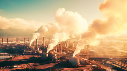 Aerial photography of industrial factory that emits toxic fumes causing air pollution, air pollution concept.