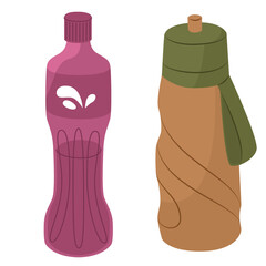Two water bottles. Sports accessories. Container for liquid. Maintaining water balance. Vector illustration isolated on white background.