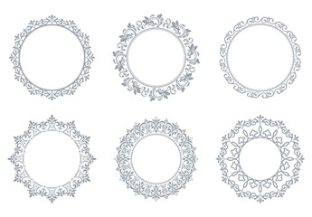 Set of decorative frames Elegant vector element for design in Eastern style, place for text. Floral gray and white borders. Lace illustration for invitations and greeting cards