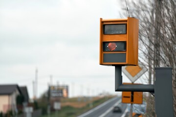 A yellow speed camera flashes as it detects a speeding car on a highway, using radar and artificial intelligence to recognize the number plate and issue a fine.