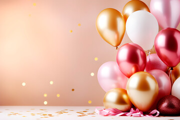 Fondo para cumpleaños fiesta y celebración con globos rosa, dorados blancos y tonos pastel con confeti.