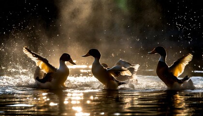 Ducks Engages in Synchronized Swimming in a Pond - obrazy, fototapety, plakaty