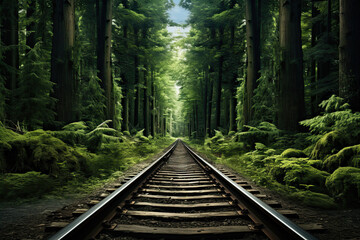 old railroad tracks in a green forest - Powered by Adobe