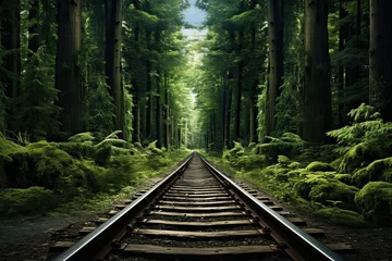 Fotobehang old railroad tracks in a green forest © Rangga Bimantara